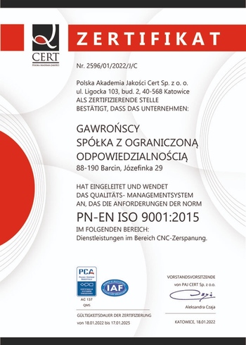 Certyfikat ISO Gawronscy Obróbka CNC
